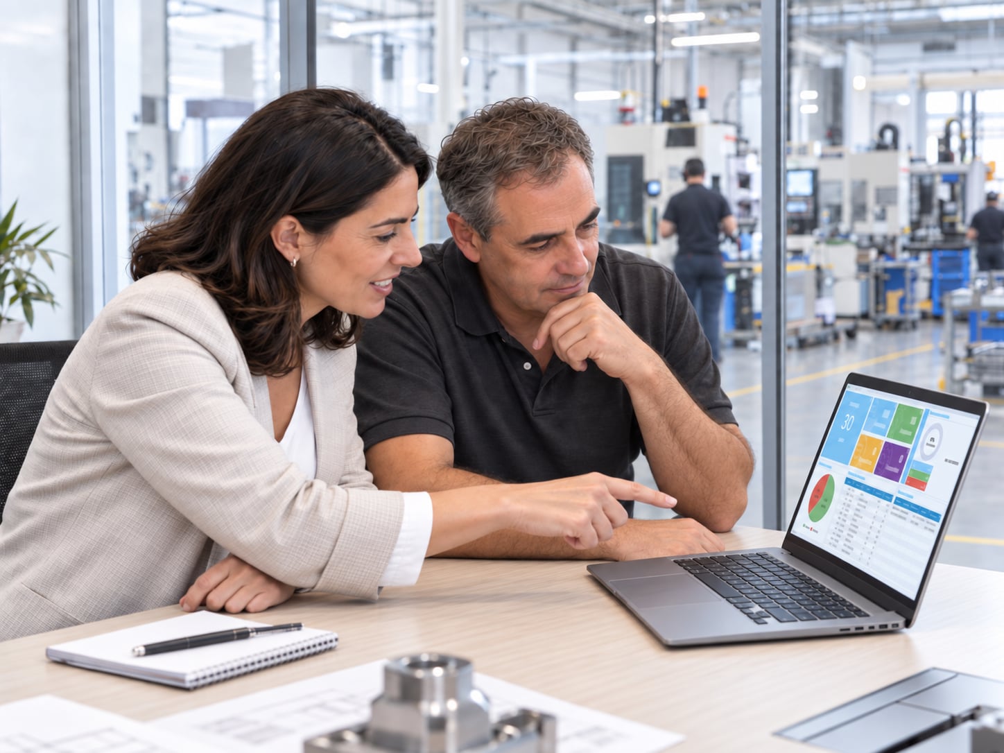 Consultora de Aner revisando el ERP con un responsable de planta