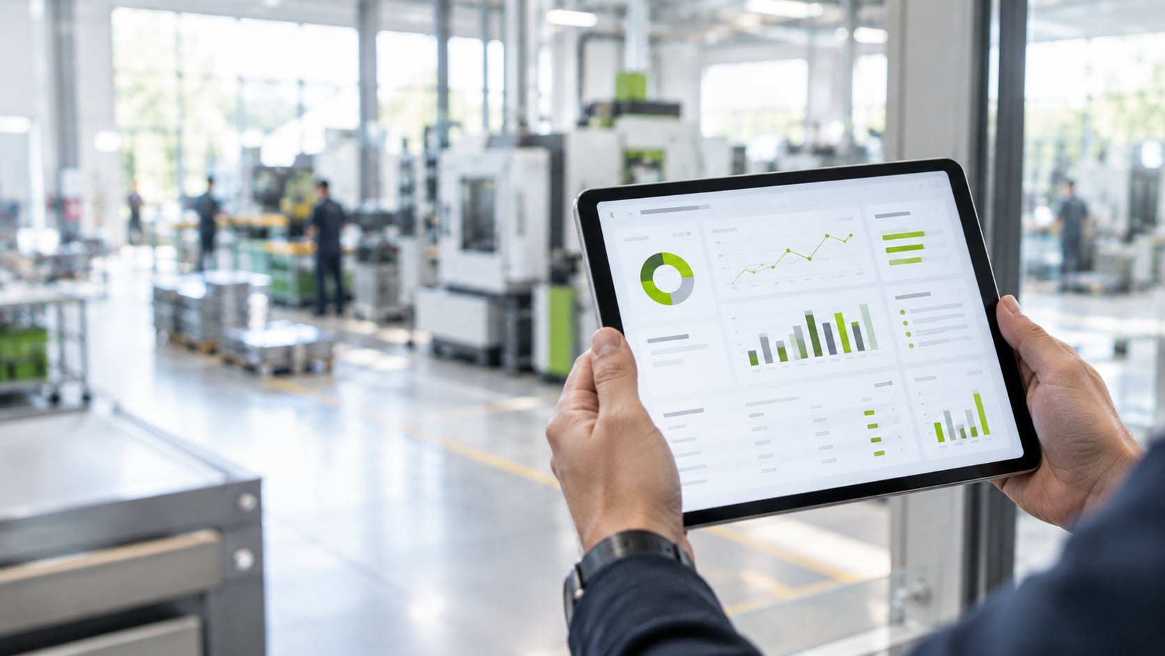 Cuadro de mando de Power BI con indicadores de producción en una tablet
