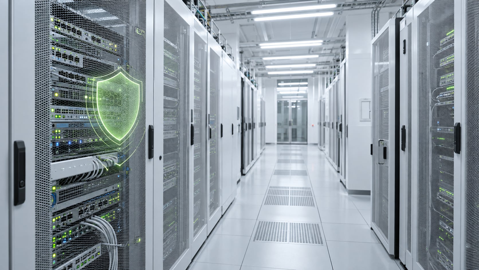 Sala de servidores con racks de datos bajo protección de ciberseguridad